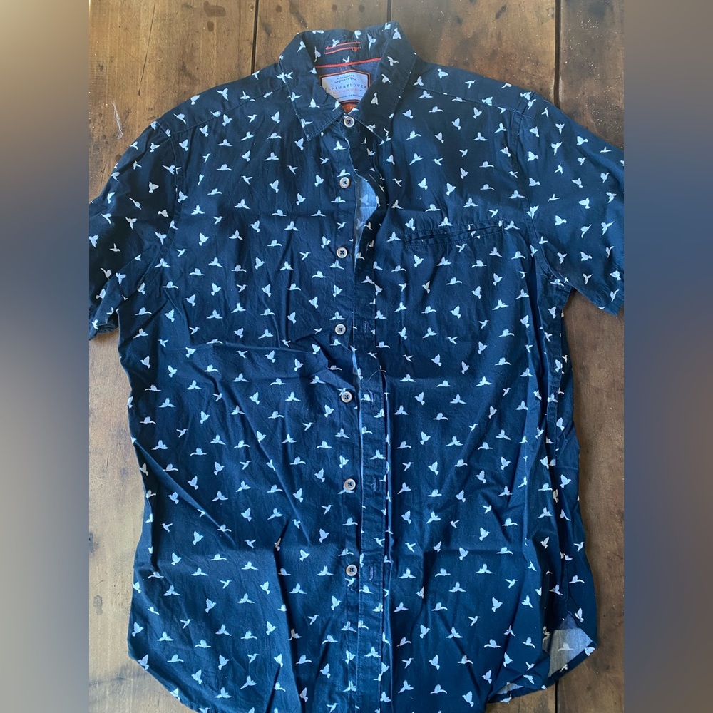Denim & Flower Dark Blue Bird Pattern Shirt